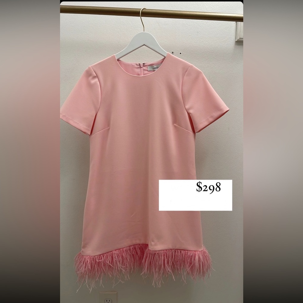 pink feathered likely dress